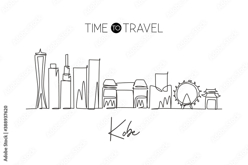 Single continuous line drawing of Kobe city skyline, Japan. Famous city scraper and landscape. World travel concept home art wall decor poster print. Modern one line draw design vector illustration - obrazy, fototapety, plakaty 