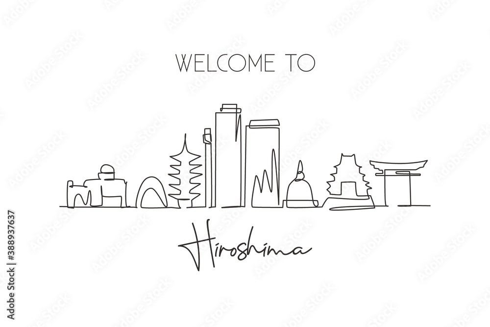 One continuous line drawing Hiroshima city skyline, Japan. Beautiful landmark. World landscape tourism travel vacation poster art. Editable stylish stroke single line draw design vector illustration One continuous line drawing Hiroshima city skyline, Japan. Beautiful landmark. World landscape tourism travel vacation poster art. Editable stylish stroke single line draw design vector illustration