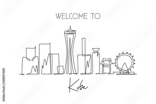 One single line drawing of Kobe city skyline, Japan. Historical town landscape in the world. Best holiday destination poster art. Editable stroke trendy continuous line draw design vector illustration photo