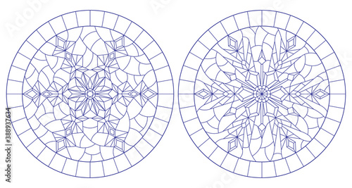Set contour illustrations of stained glass with snowflakes in the framework ,round image, dark outlines on a white background
