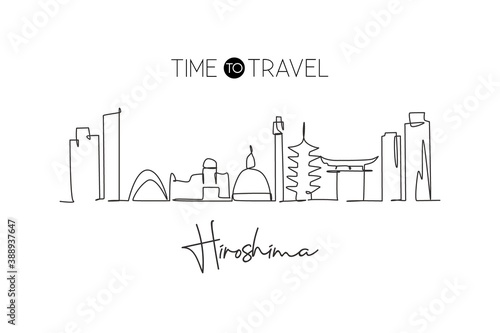 One single line drawing of Hiroshima city skyline, Japan. Historical town landscape. Best holiday destination home art wall decor poster print. Trendy continuous line draw design vector illustration