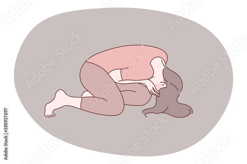Despair, frustration, depression concept. Young depressed upset desperate woman cartoon character sitting on floor covering face crying. Domestic violence abuse and headache migraine illustration.