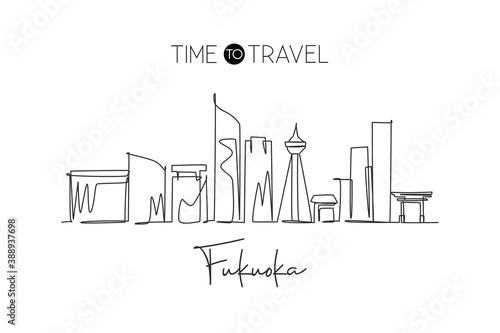 Single continuous line drawing of Fukuoka city skyline  Japan. Famous city scraper and landscape. World travel concept home wall art decor poster print. Modern one line draw design vector illustration