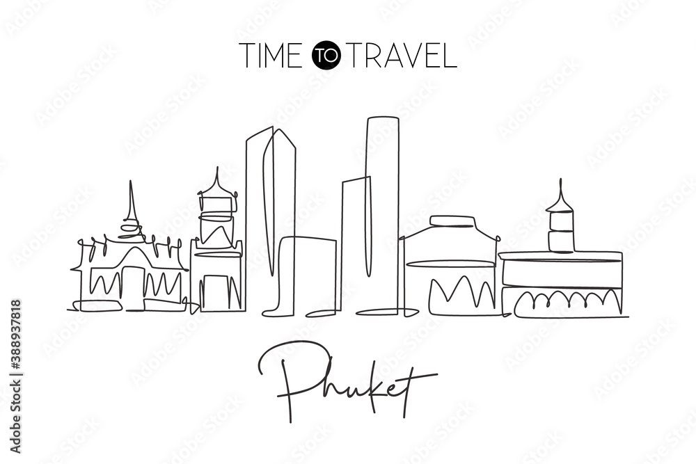 One single line drawing of Phuket city skyline, Thailand. Historical town landscape. Best holiday destination home art wall decor poster print. Trendy continuous line draw design vector illustration