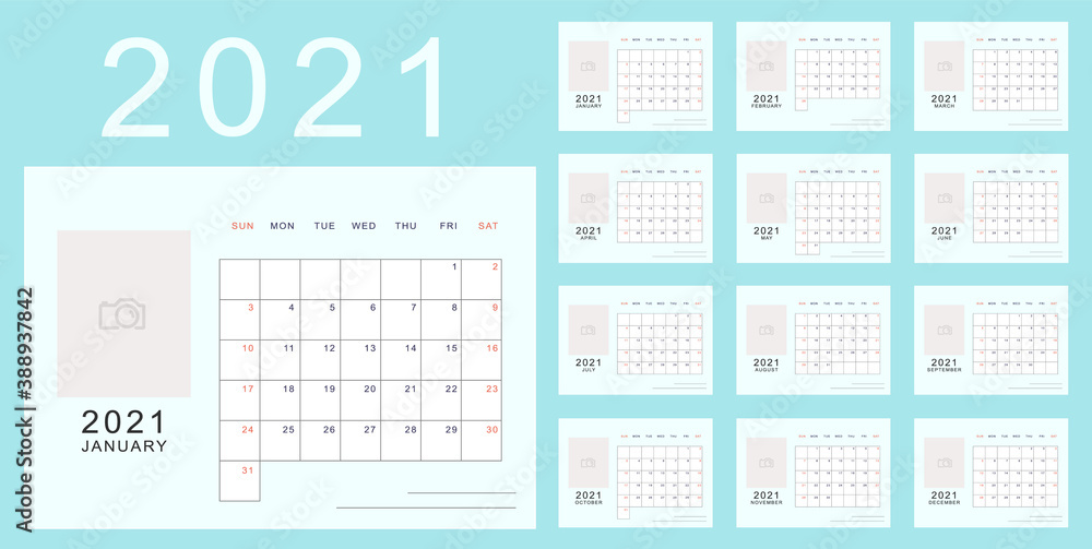 Bright blue minimalistic calendar of new 2021 year with place for photo. Week starts in Sunday, twelve month calendar. Work and holiday events planner, block-almanac template Bright blue minimalistic calendar of new 2021 year with place for photo. Week starts in Sunday, twelve month calendar. Work and holiday events planner, block-almanac template