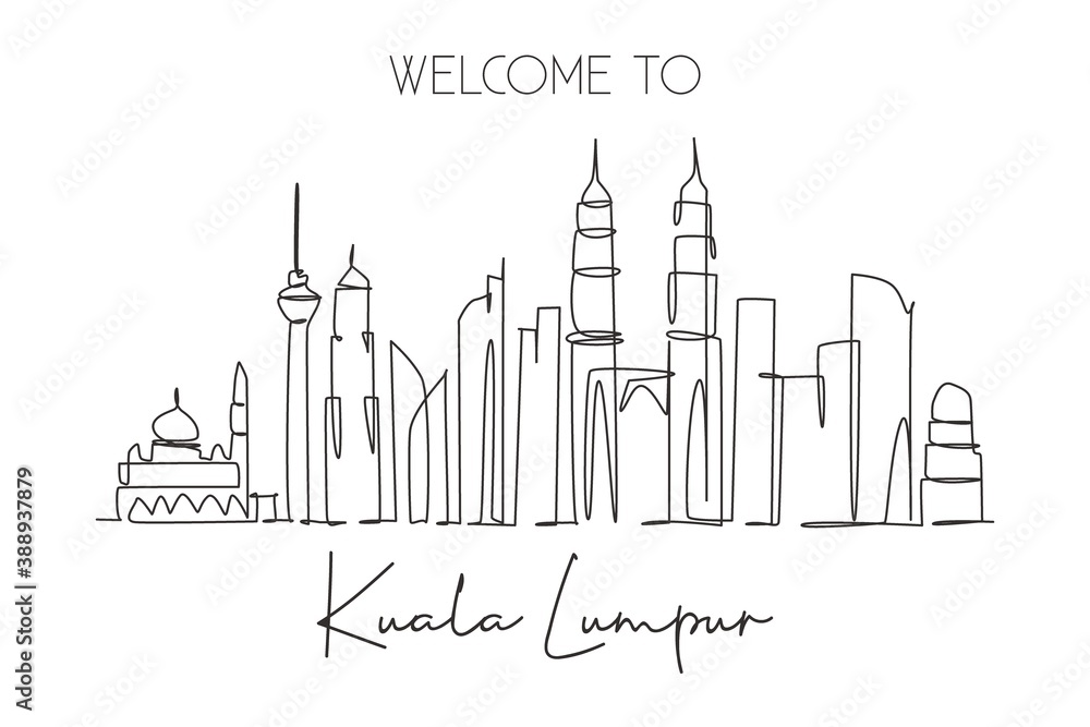 One single line drawing of Kuala Lumpur city skyline, Malaysia. Historical town landscape in the world. Best holiday destination. Editable stroke trendy continuous line draw design vector illustration