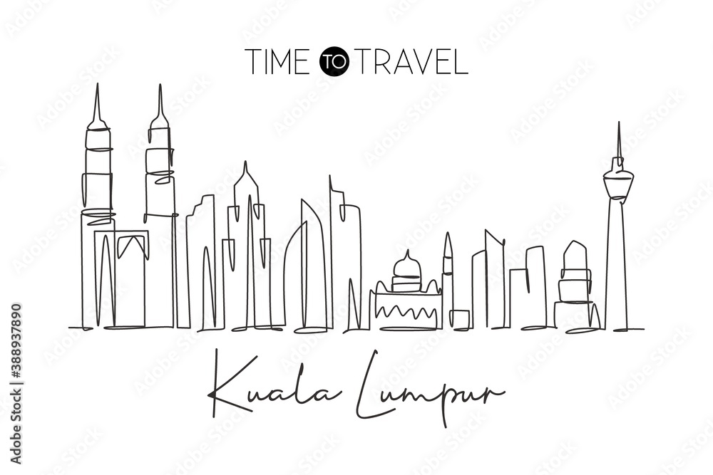 Single continuous line drawing of Kuala Lumpur city skyline, Malaysia. Famous city landscape. World travel concept home wall decor art poster print. Modern one line draw design vector illustration
