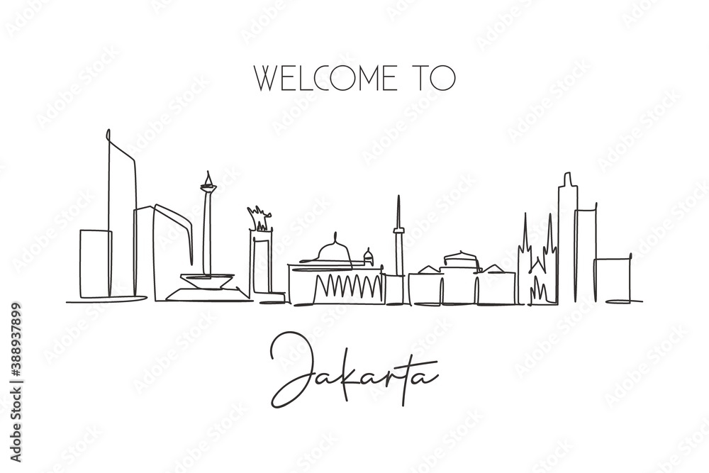 Single continuous line drawing of Jakarta city skyline, Indonesia. Famous city scraper landscape. World travel concept home wall decor poster print art. Modern one line draw design vector illustration