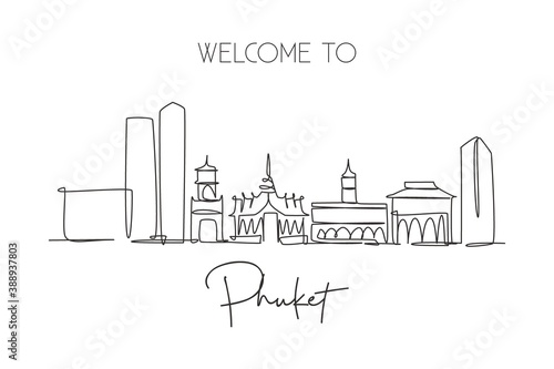 One continuous line drawing of Phuket city skyline, Thailand. Beautiful landmark. World landscape tourism travel vacation poster. Editable stylish stroke single line draw design vector illustration