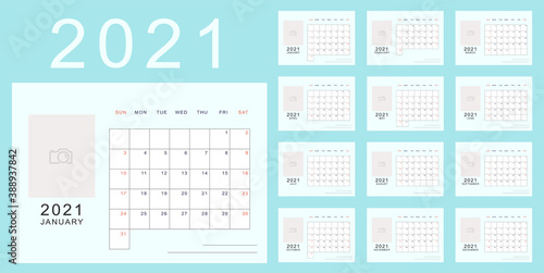 Bright blue minimalistic calendar of new 2021 year with place for photo. Week starts in Sunday, twelve month calendar. Work and holiday events planner, block-almanac template