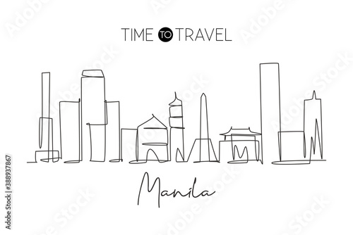 Single continuous line drawing of Manila city skyline Philippines. Famous city scraper landscape. World travel concept home art wall decor poster print. Modern one line draw design vector illustration