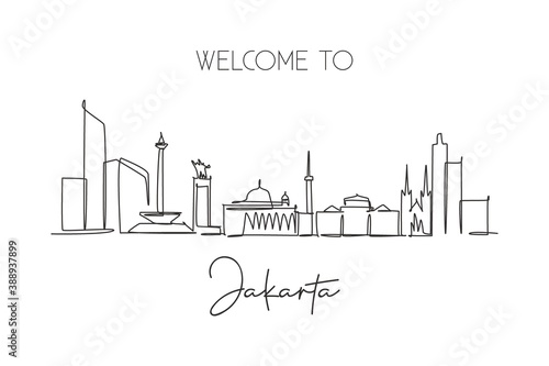 Single continuous line drawing of Jakarta city skyline  Indonesia. Famous city scraper landscape. World travel concept home wall decor poster print art. Modern one line draw design vector illustration