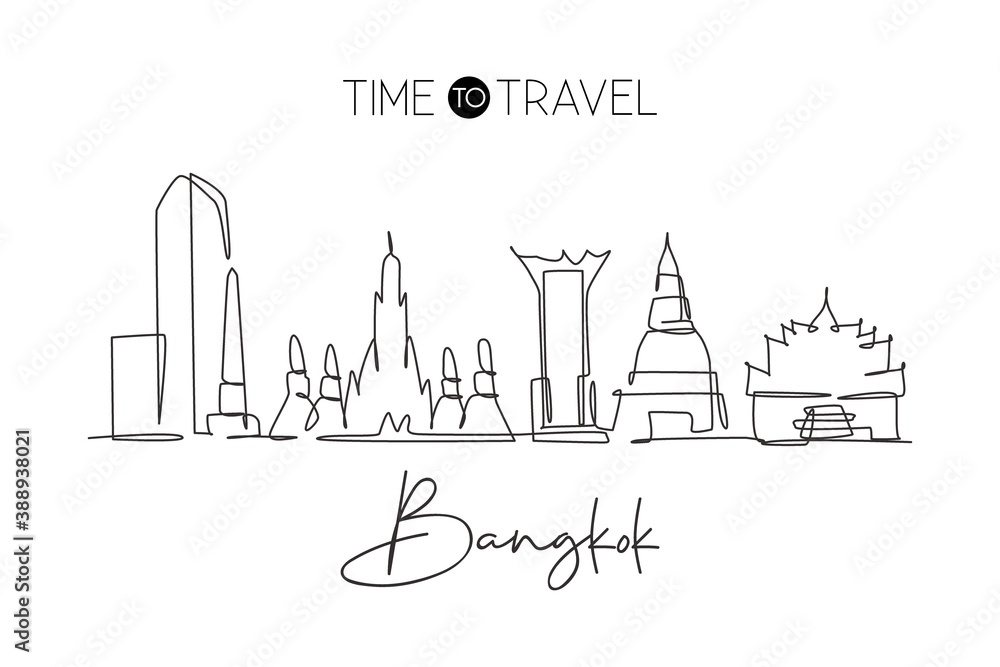 Fototapeta premium One single line drawing of Bangkok city skyline, Thailand. Historical town landscape. Best holiday destination home decor wall art poster print. Trendy continuous line draw design vector illustration