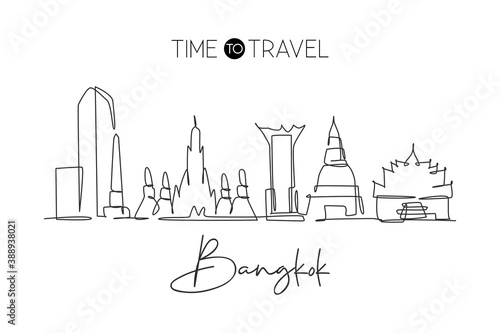 One single line drawing of Bangkok city skyline, Thailand. Historical town landscape. Best holiday destination home decor wall art poster print. Trendy continuous line draw design vector illustration