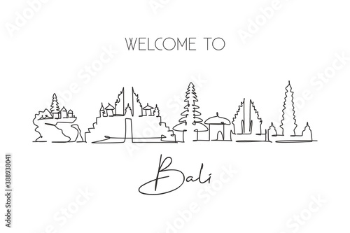 One continuous line drawing of Bali city skyline, Indonesia. Beautiful landmark. World landscape tourism travel vacation poster art. Editable stylish stroke single line draw design vector illustration