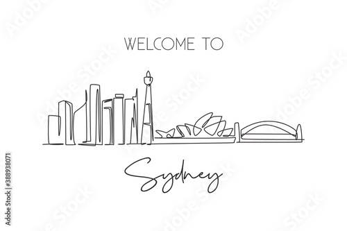 One continuous line drawing of Sydney city skyline, Australia. Beautiful landmark. World landscape tourism travel vacation poster. Editable stylish stroke single line draw design vector illustration