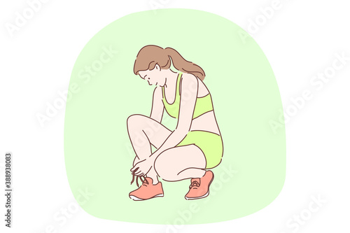 Sport, athletics, workout concept. Young happy woman teen athlete cartoon character tying shoelaces on sneakers outside preparing for race. Professional competition well being recreation illustration.
