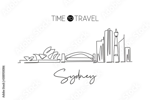 Single continuous line drawing of Sydney city skyline, Australia. Famous city scraper landscape. World travel concept home art wall decor poster print. Modern one line draw design vector illustration