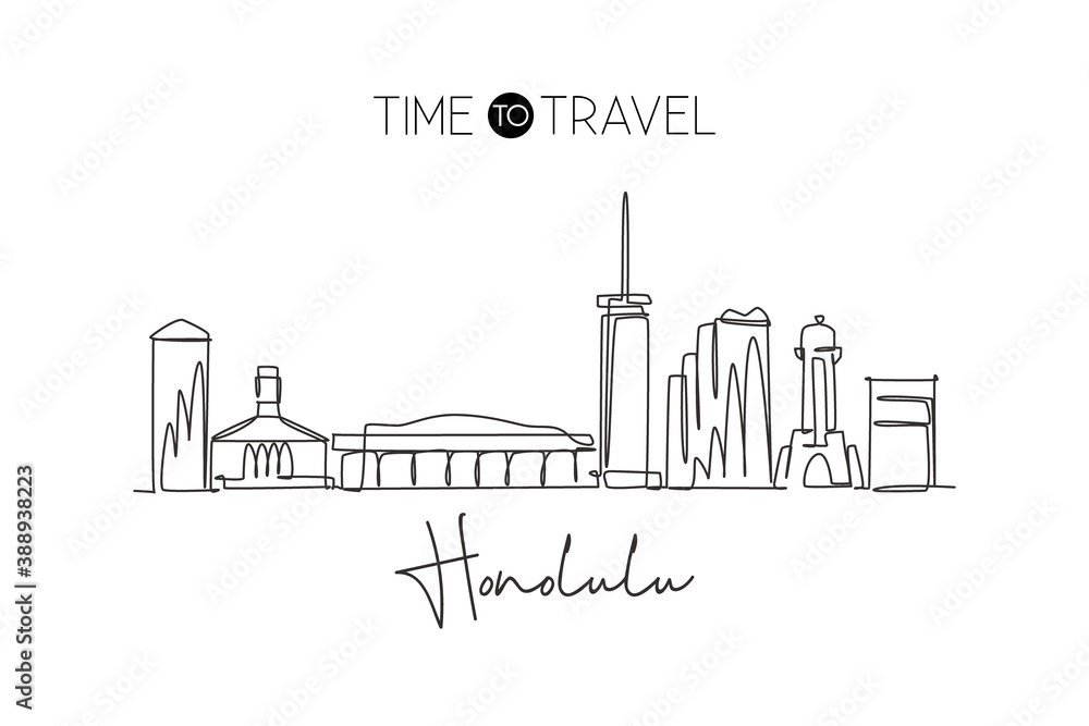 One single line drawing Honolulu city skyline, Hawaii. Historical town landscape in the world. Best holiday destination poster. Editable stroke trendy continuous line draw design vector illustration