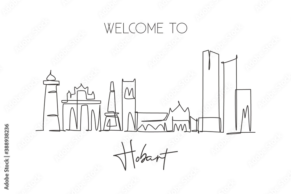 Single continuous line drawing of Hobart city skyline, Australia. Famous city scraper landscape. World travel concept home decor wall art poster print. Modern one line draw design vector illustration