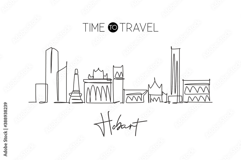 One single line drawing of Hobart city skyline, Australia. Historical town landscape in world. Best holiday destination poster. Editable stroke trendy continuous line draw design vector illustration