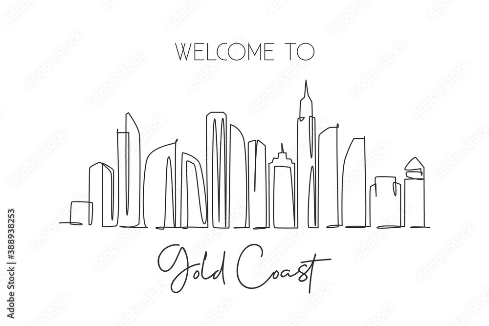 Single continuous line drawing of Gold Coast city skyline, Australia. Famous city landscape. World travel concept wall home decor art poster print. Modern one line draw design vector illustration