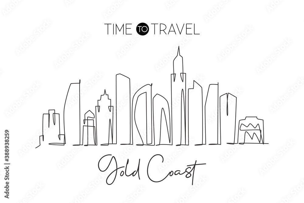 Fototapeta premium One single line drawing Gold Coast city skyline, Australia. Historical town landscape in world. Best holiday destination poster. Editable stroke trendy continuous line draw design vector illustration