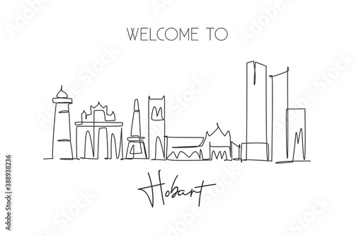 Single continuous line drawing of Hobart city skyline, Australia. Famous city scraper landscape. World travel concept home decor wall art poster print. Modern one line draw design vector illustration