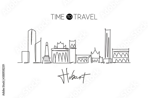 One single line drawing of Hobart city skyline, Australia. Historical town landscape in world. Best holiday destination poster. Editable stroke trendy continuous line draw design vector illustration