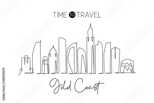 One single line drawing Gold Coast city skyline, Australia. Historical town landscape in world. Best holiday destination poster. Editable stroke trendy continuous line draw design vector illustration