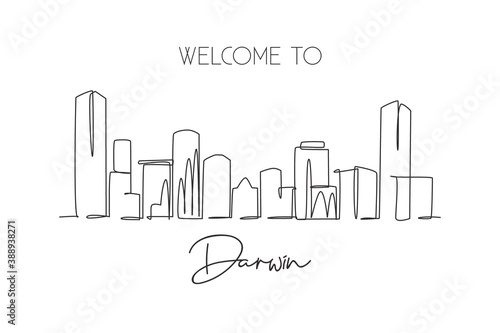 One continuous line drawing of Darwin city skyline, Australia. Beautiful landmark. World landscape tourism travel vacation poster. Editable stylish stroke single line draw design vector illustration