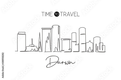 Single continuous line drawing Darwin city skyline, Australia. Famous city scraper and landscape. World travel concept home wall decor art poster print. Modern one line draw design vector illustration