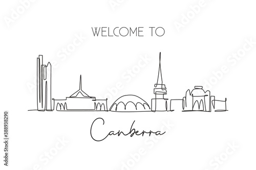 One single line drawing Canberra city skyline  Australia. Historical town landscape. Best holiday destination home wall decor poster print art. Trendy continuous line draw design vector illustration