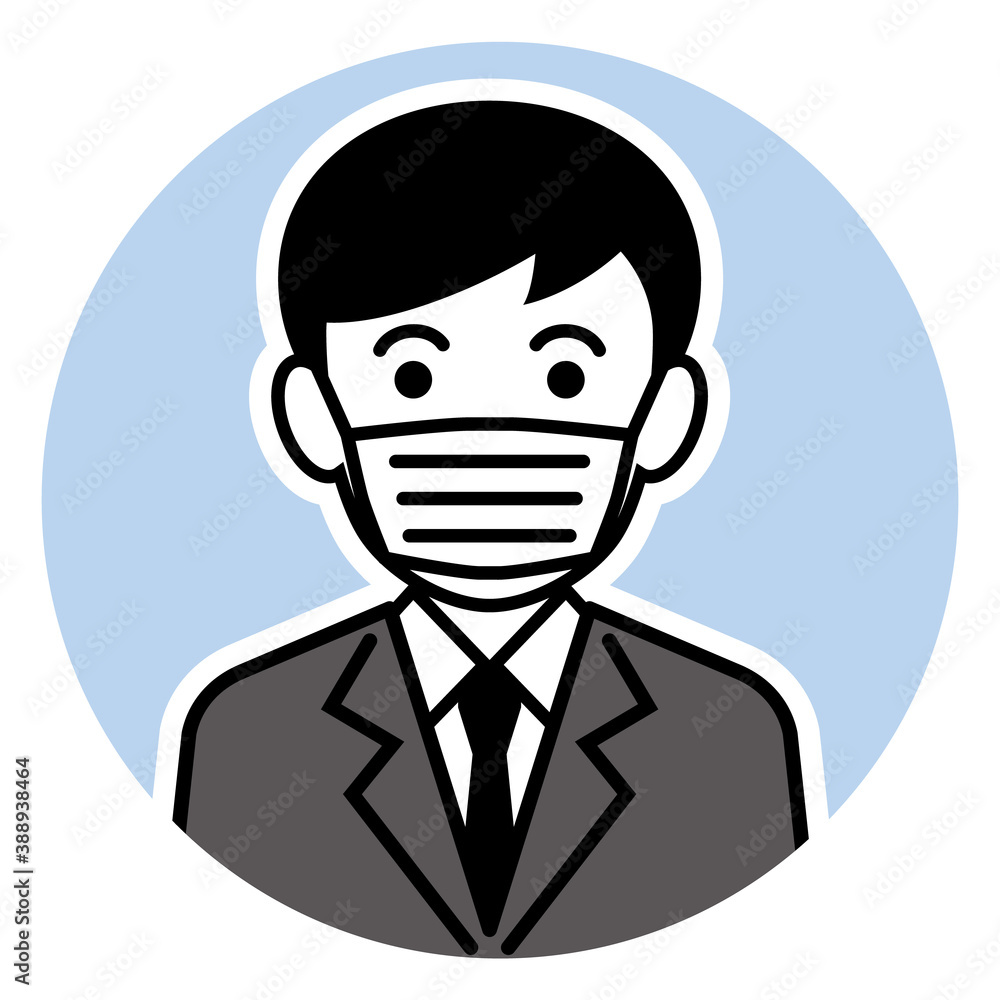 コロナウイルス感染対策/マスクをした男性2色円形アイコン/白背景