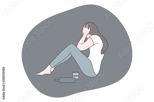 Alcoholism, depression, addiction, frustration, mental stress concept. Depressed frustrated woman alcoholic character sitting on floor with bottle of alcohol. Loneliness headache hangover illustration