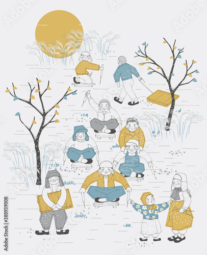 Vector illustration of children sledding in winter. The modern design of Korea. Design for Poster, card, picture frame, fabric, web design and print project	