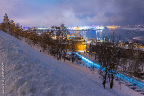 View from the Kremlin to the tower and the river in Nizhny Novgorod in winter