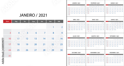 Simple Calendar 2021 on Portuguese language week start on Sunday. Template for planner design