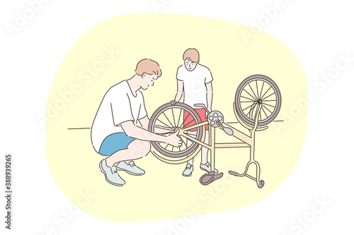 Family, cycling, repair, fathers day concept. Man father mechanic dad daddy helps youngster kid son teenager repairing fixing bike cycle wheel. Mechanical maintenance summertime and care illustration.