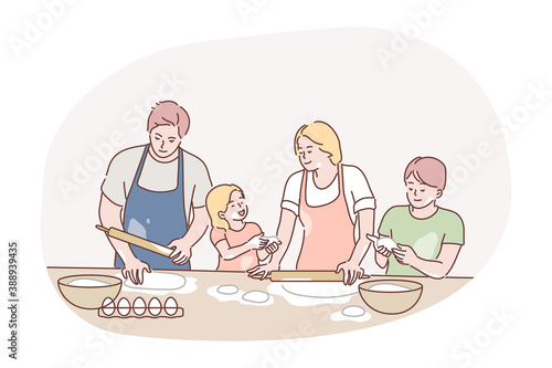 Recreation, fatherhood, cooking, family day, motherhood concept. Family man dad woman mum children kids son daughter cookers preparing pie on kitchen together. House bakery on fathers and mothers day.