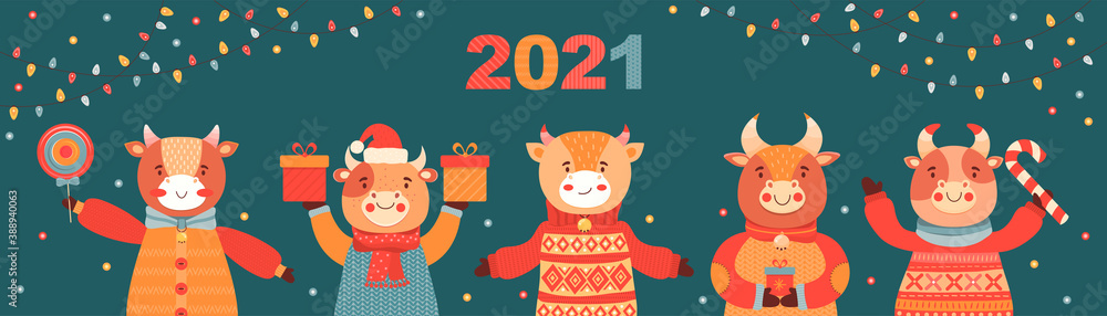 Christmas and Happy New Year vertical banner. Cute cartoon bulls with gifts and sweets. Symbol 2021 year ox. Festive background with shining light bulbs garlands. Animal character. Vector illustration
