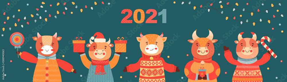 Christmas and Happy New Year vertical banner. Cute cartoon bulls with gifts and sweets. Symbol 2021 year ox. Festive background with shining light bulbs garlands. Animal character. Vector illustration Christmas and Happy New Year vertical banner. Cute cartoon bulls with gifts and sweets. Symbol 2021 year ox. Festive background with shining light bulbs garlands. Animal character. Vector illustration