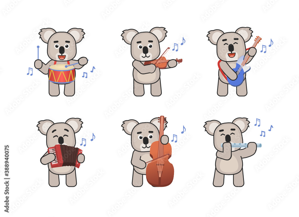Set of koala bear characters playing on various musical instruments. Cute koala playing on drum, violin, guitar, accordion, flute, double bass. Vector illustration bundle