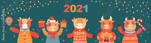 Christmas and Happy New Year vertical banner. Cute cartoon bulls with gifts and sweets. Symbol 2021 year ox. Festive background with shining light bulbs garlands. Animal character. Vector illustration