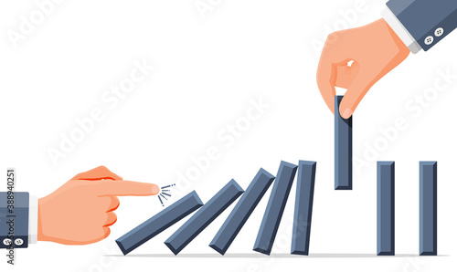 Businessman hand stopping domino effect. Business man stops falling dominoes with finger. Finishing chain reaction. Successful intervention, solution. Cartoon flat vector illustration