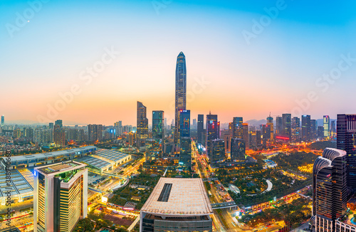 Skyline scenery at sunset in Futian CBD, Shenzhen, China