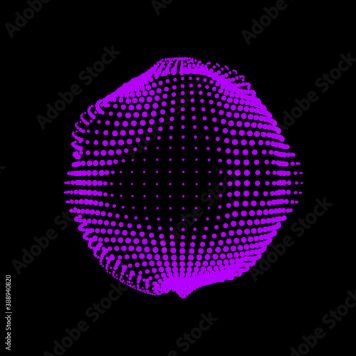 A deformed deflating sphere formed from a sea of dots. An unstable sphere, iridescent with abstract smooth deformations.