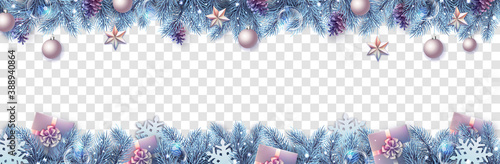 Merry Christmas and Happy New Year greeting card. Christmas holiday fir tree, snowflakes, glass balls, pine cones and star on transparent background