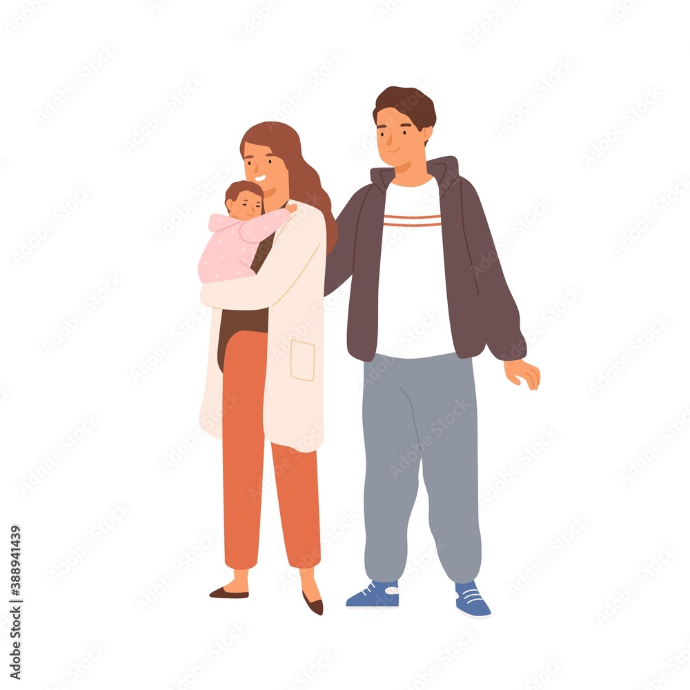 Happy young family with child standing together. Portrait of cute mother, father and infant baby isolated on white background. Vector illustration in flat cartoon style Happy young family with child standing together. Portrait of cute mother, father and infant baby isolated on white background. Vector illustration in flat cartoon style