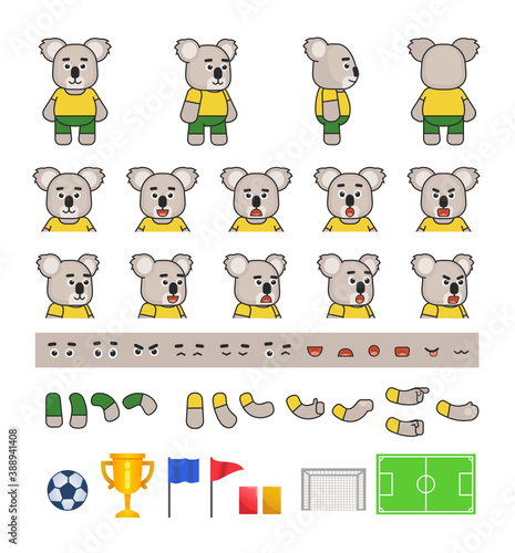 Fototapeta Naklejka Na Ścianę i Meble -  Australian koala football player creation set, various soccer design elements. Vector illustration bundle